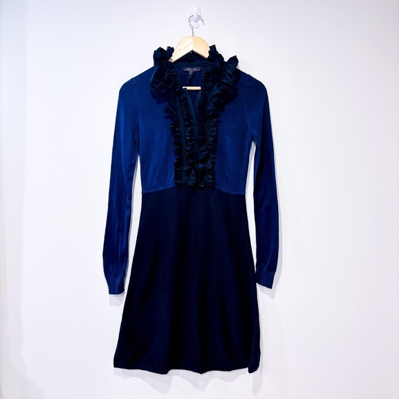 BCBGMAXAZRIA Navy Black Silk Ruffle Long Sleeve Dress | Small * - Picture 1 of 8